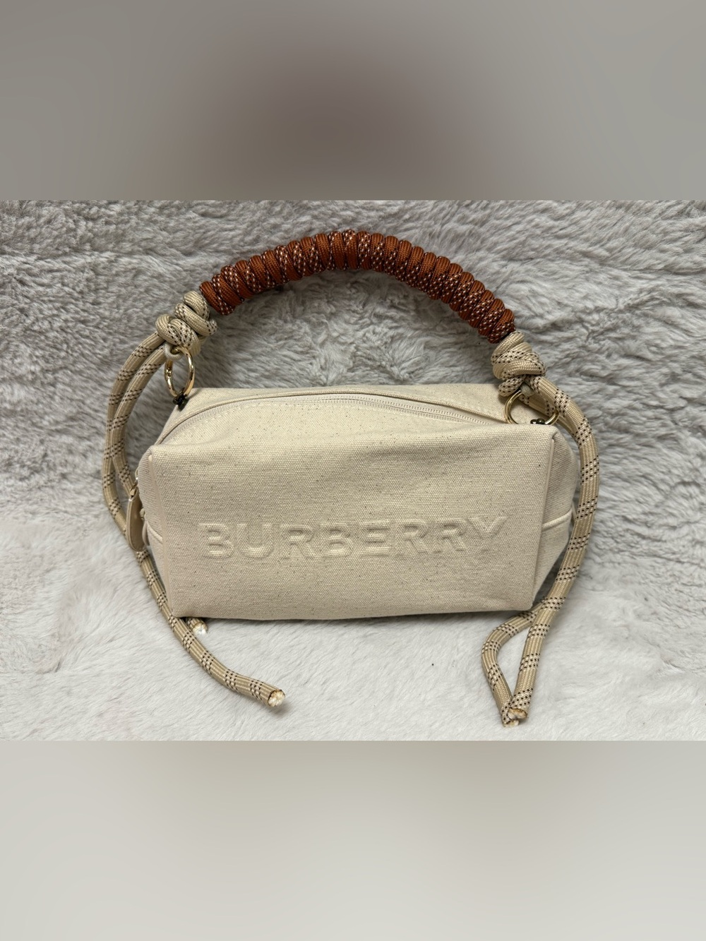 Burberry Cream Canvas Cosmetic Bag with Brown Wrapped Top Handle- GWP